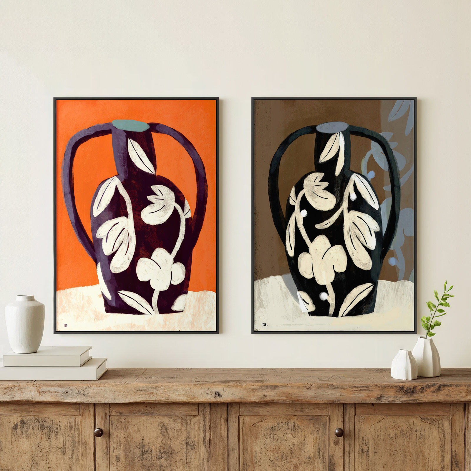 Black Vases 2-Piece Print Set by Marco Marella, Black Framed Canvas, 38" H x 26.5" W x 1.25" D
