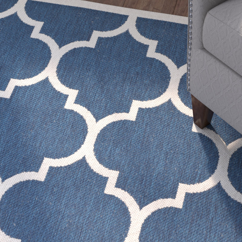 Courtyard Performance Geometric Indoor/Outdoor Area Rug, Rectangle 4' x 5'7", Beige/Navy