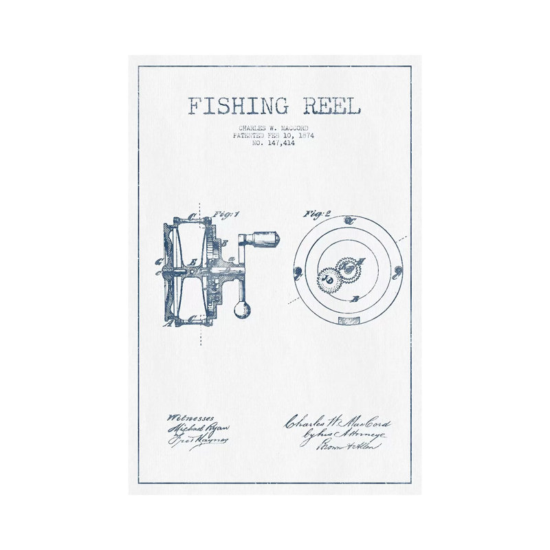 Charles W. MacCord Fishing Reel Patent Sketch (Ink) by Aged Pixel - Wrapped Canvas Gallery-Wrapped Canvas Giclée
