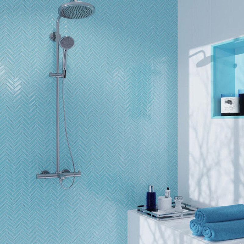 11"X 12.6" Herringbone Polished Glass Mosaic Tile, Light Blue