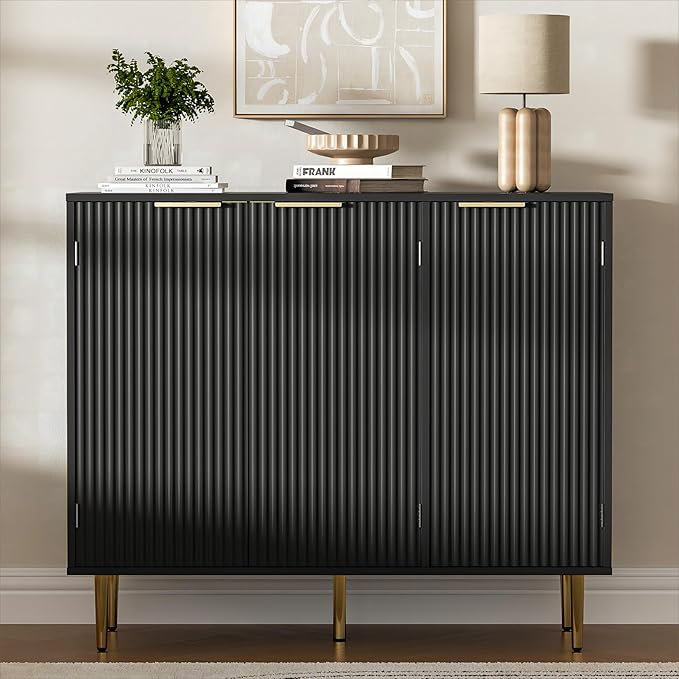 Fluted Buffet Sideboard With 3 Doors, Modern Accent Cabinet With Adjustable Shelves, Kitchen Storage With Golden Handles, Coffee Bar For Kitchen, Dining Room