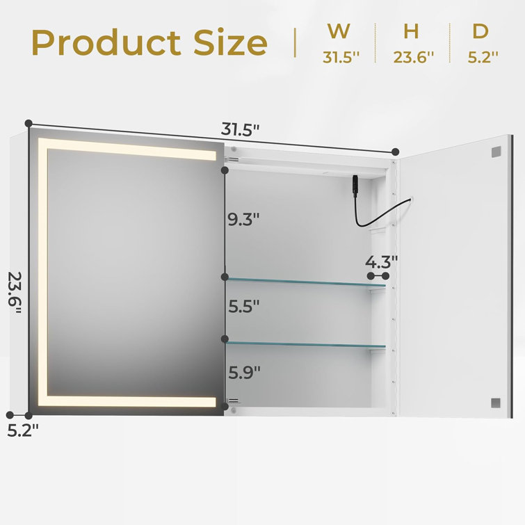 31.5'' W 23.6'' H Wall Mounted Required Framed Medicine Cabinet Mirror Adjustable