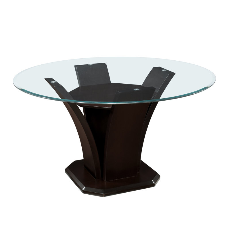 Crim Round Glass Top Solid Wood Base Dining Table