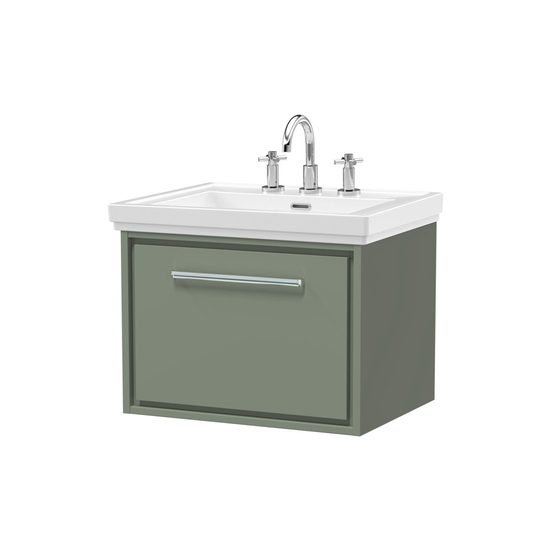 Hudson Reed Lille 600mm Fern Green 1 Drawer Wall Hung Vanity Unit With 3 Tap Holes Fireclay Basin