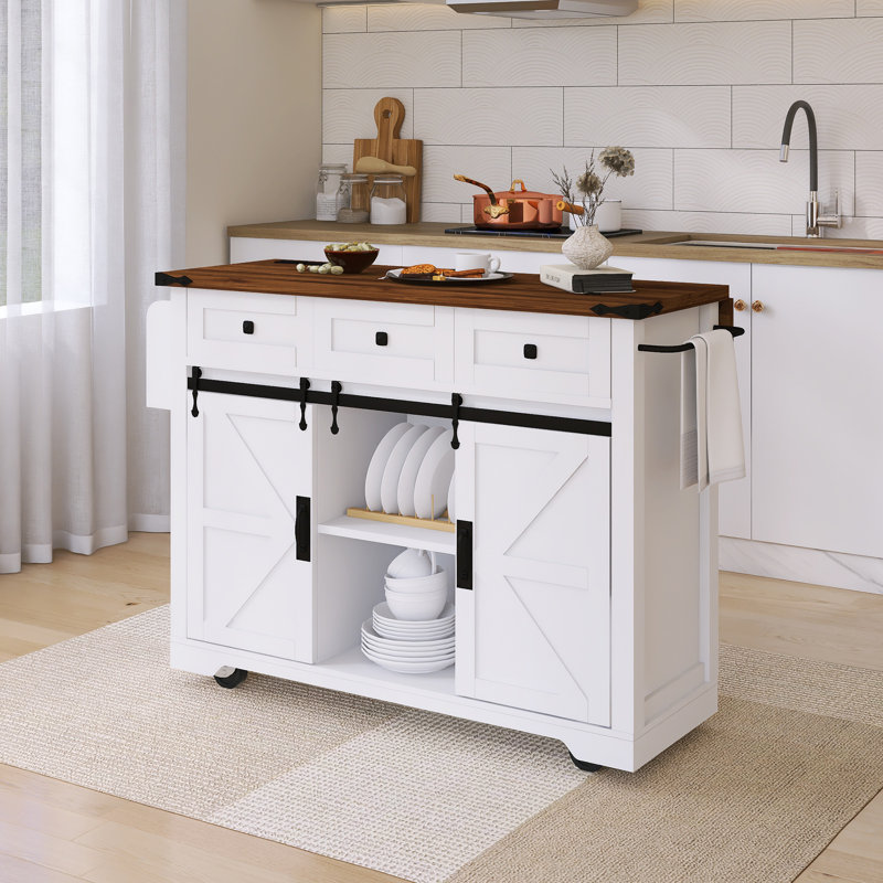 53.7" Drop-Leaf Countertop Kitchen Cart With Towel Rack And Spice Rack & Power Outlet, White
