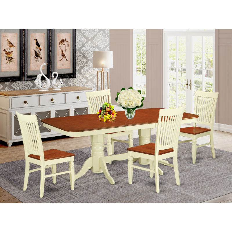 5 Piece Set Includes a Rectangle Wooden Table with Butterfly Leaf and 4 Dining Room Chairs, Buttermilk & Cherry