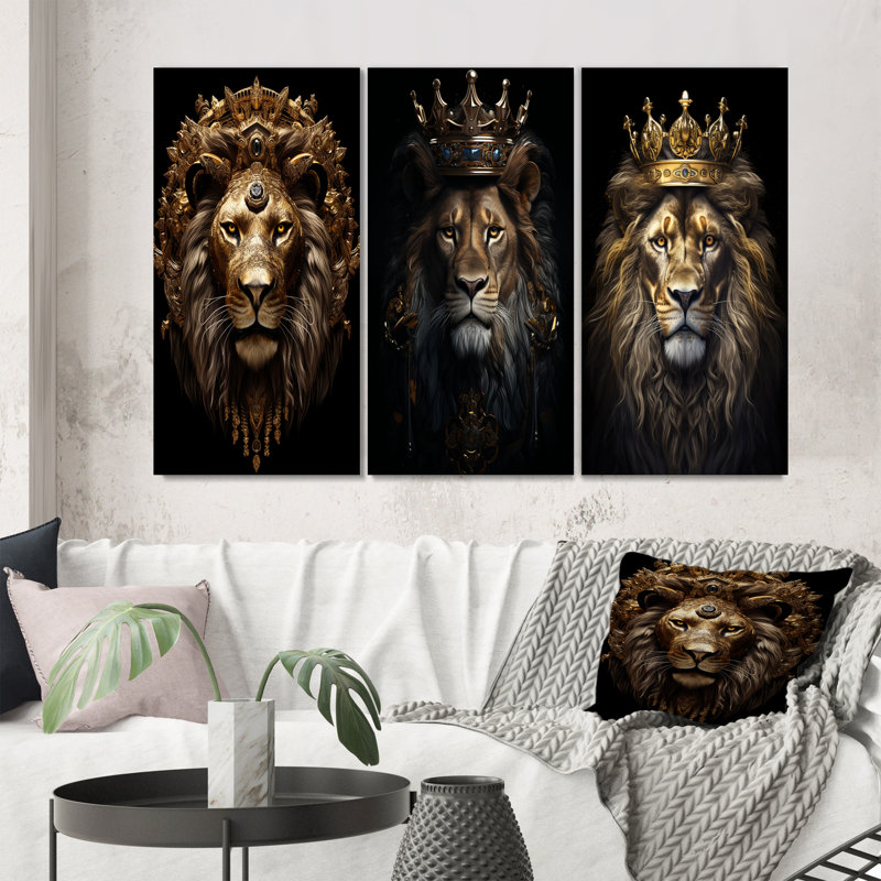 3 pièces sur toile - Roi lion majestueux avec couronne dorée, Toile tendue, H 20 po x l 36 po