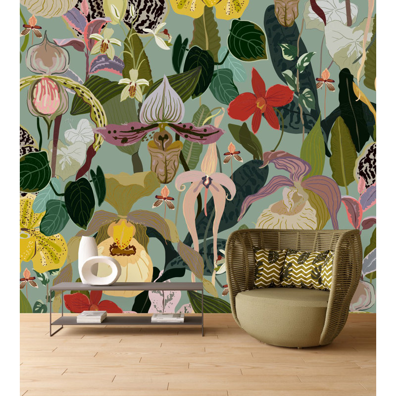 Papier peint floral exotique vert USA Made - vinyle adhésif, L 10,42 pi x L 10,42 pi