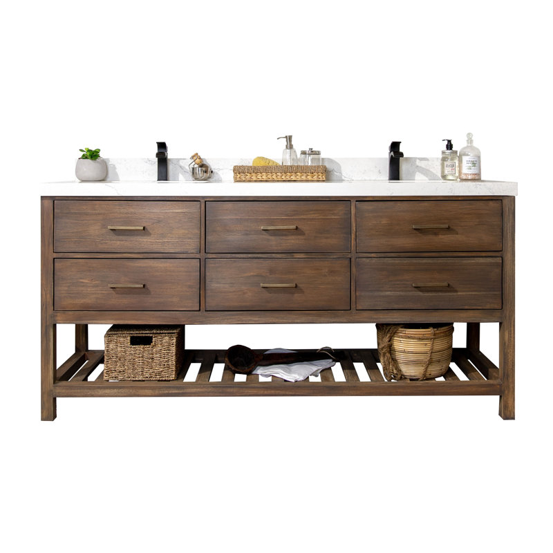 Meuble-lavabo à double cuve en bois de teck Porcher l 60 po x P 22 po x H 36 po Porcher, Empira, Gris vieilli
