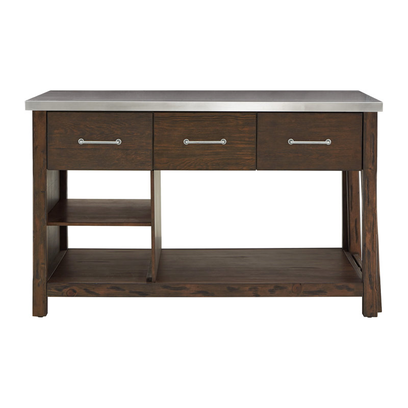 Tinka 3-Drawer Rectangle Pine Kitchen Island, Stainless Steel, Brown
