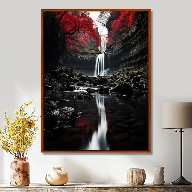 «Grey and Red Waterfall Of Eternity II», art mural sur toile, H 32 po x l 16 po x P 1 po, Cadre flottant brun