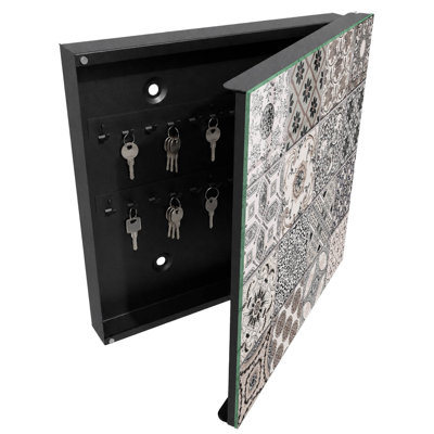 Key box for home, Opens to the left, 30x30x5, Black, Decorative tiles with unique patterns, 