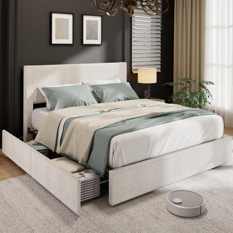 Upholstered Channel Tufted Wingback Headboard Bed Frame with Strong Wooden Slat Support, Full