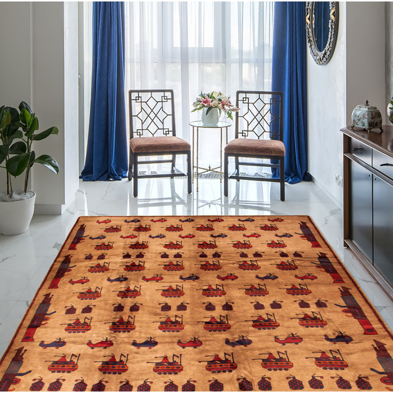 Tapis unique en laine noué à la main afghane de la guerre du Nouvel Âge brun clair / rouge 7 pi 2 po x 9 pi 5 po Cashae