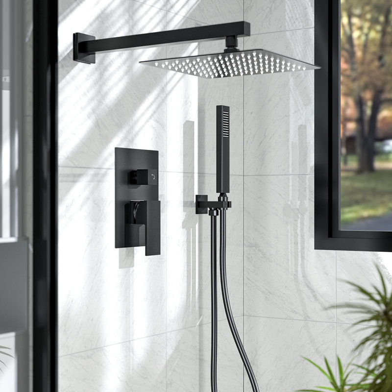  Système de douche à pluie haute pression 10 po, robinet de douche mural avec douchette, Noir mat