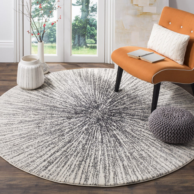 Tapis noir et ivoire à motif abstrait, Rond 4 pi