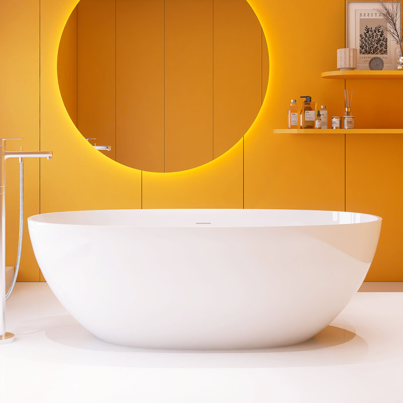 Baignoire de trempage autoportante à surface solide de 67 po L x 29,5 po avec trop-plein et bonde escamotable