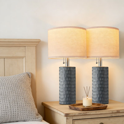 Set Of 2 Modern Ceramic Table Lamps With Linen Shade, Farmhouse Bedside Lamps For Bedroom Nightstands, Living Room, Office, And Dorm