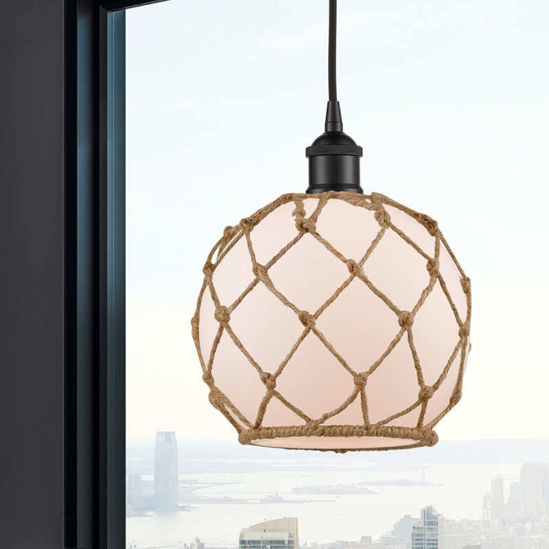 Luminaire suspendu simple à 1 lumière Haytham, Blanc / Brun, Noir mat