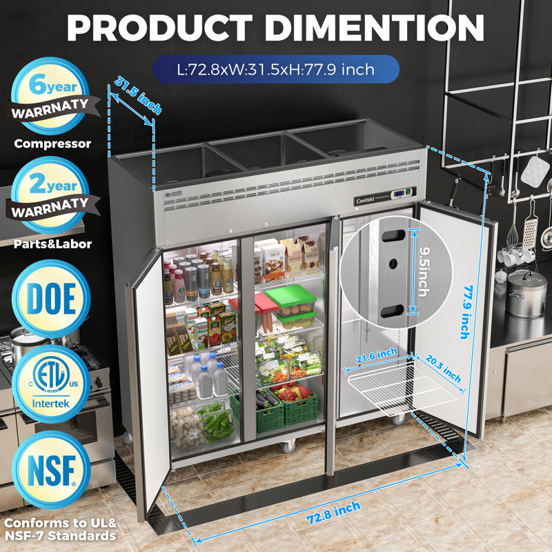 72.8" 54 Cu. Ft. Auto/Cycle Defrost 3-Door Commercial Upright Freezer - Stainless Steel