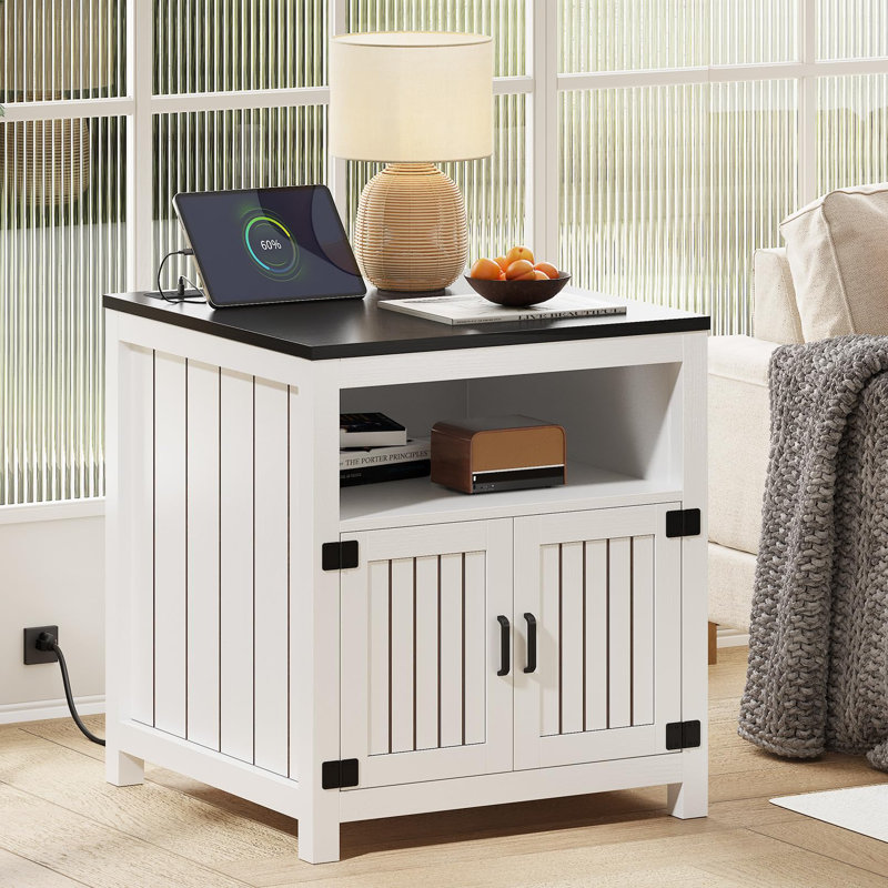 24" Farmhouse End Table With Charging Station And Barn Door Storage, Black Top/White Base