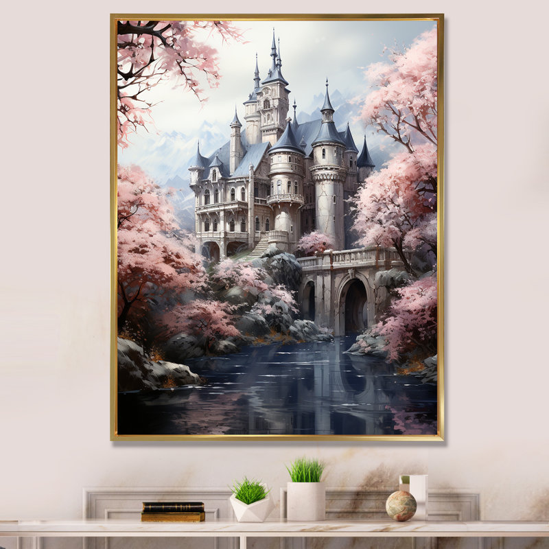 Château de conte de fées rose et gris - Art mural fantastique, Cadre flottant doré, H 20 po x l 12 po