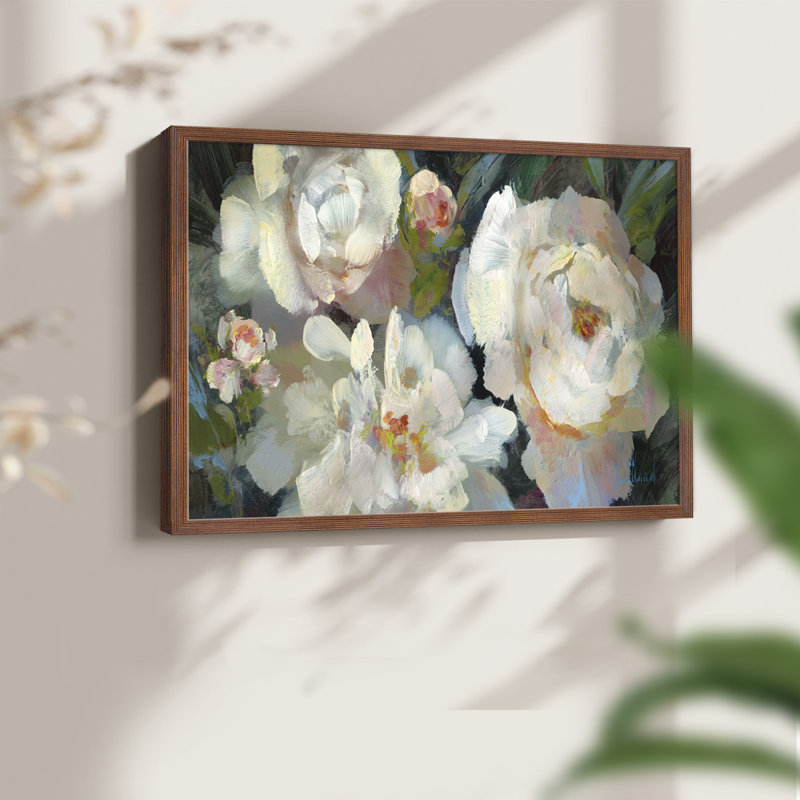 Trio de pivoines - reproduction encadrée, H 8 po x l 10 po, Noyer