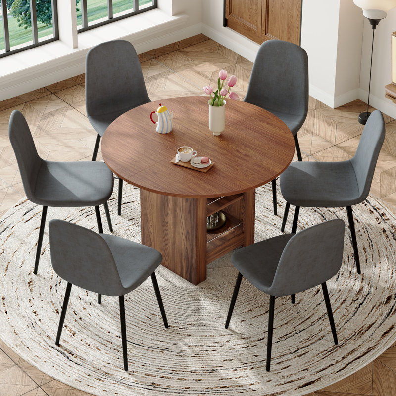 Table de salle à manger 42 "Mid-Century, Noyer, 7 pièces : table, 6 chaises, Gris foncé