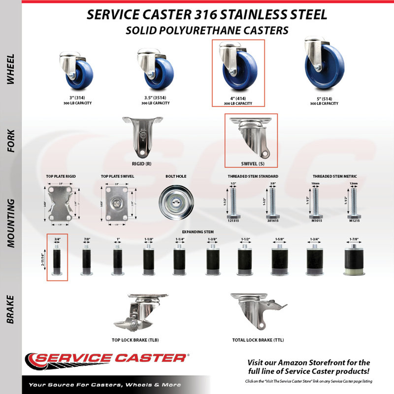 316SS Solid Poly Swivel Expanding Stem Caster Set 2 Brake SCC