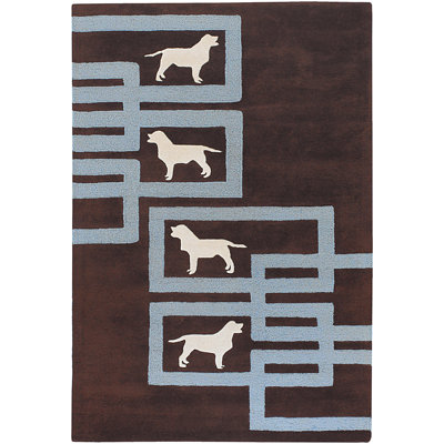 Tapis d'intérieur en laine marron Valencia Authentic, fait main et tufté à la main, avec silhouette de chien blanc et lignes géométriques bleues.