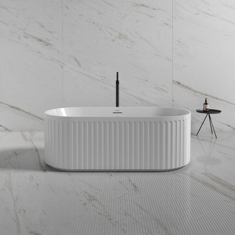 MonBlari 59" X 29.5"  Fluted Freestanding White Soaking Acrylic Bathtub with Overflow and Pop-up Drain For Bathroom