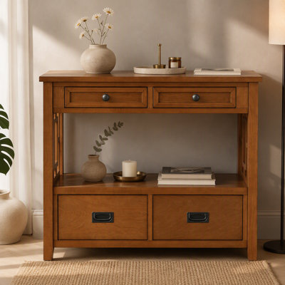 36'' Farmhouse Pine Wood Console Table Entry Sofa Table with 4 Drawers & 1 Storage Shelf