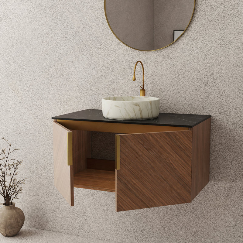 Meuble-lavabo mural avec lavabo double et comptoir en pierre frittée
