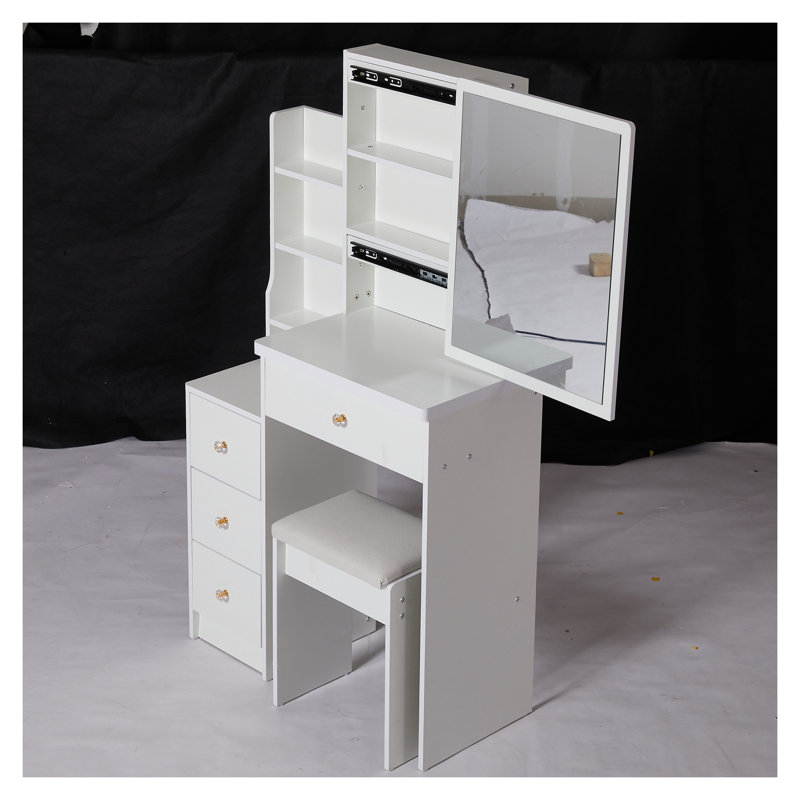 Petite coiffeuse 29,2 po avec miroir coulissant très grand, ensemble de coiffeuse blanche avec tabouret rembourré et rangement multicouche - style américain