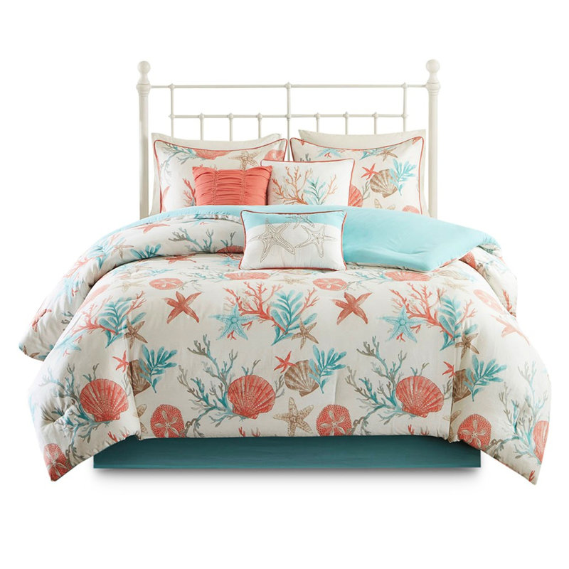 Literie 7 pièces en coton Coral King - édredon de plage Pebble Beach,, Corail
