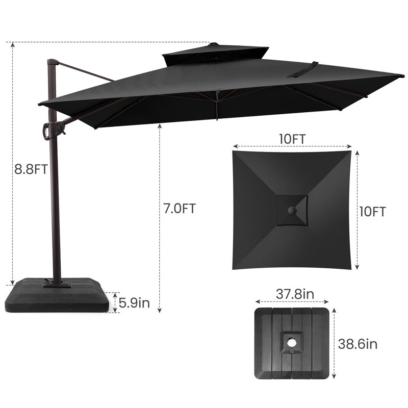 Parasol carré déporté de 3 m x 3 m, base avec contrepoids incluse, Noir, noir, noir, noir