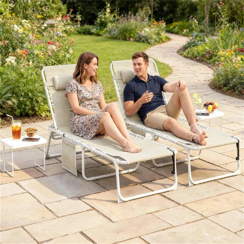 Chaise de plage avec trous pour le visage et les accoudoirs, table d'appoint pliante et dossier réglable à 5 positions, Beige