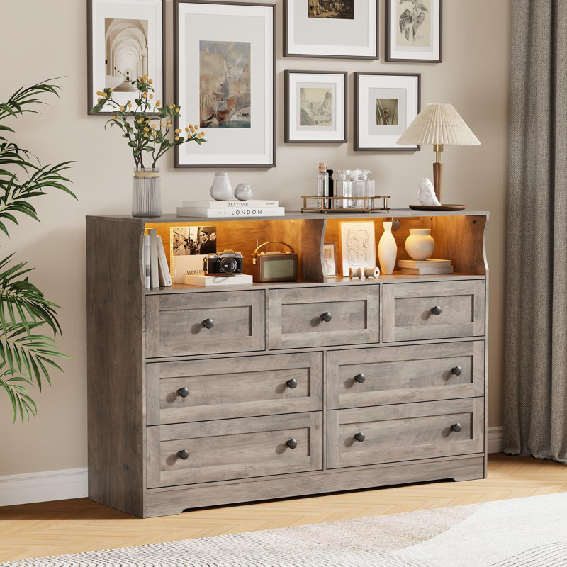 7 Drawer Wood Dressers for Bedroom with LED Lights, Wooden Dresser with Charging Station and 2 Open Compartments, Gray