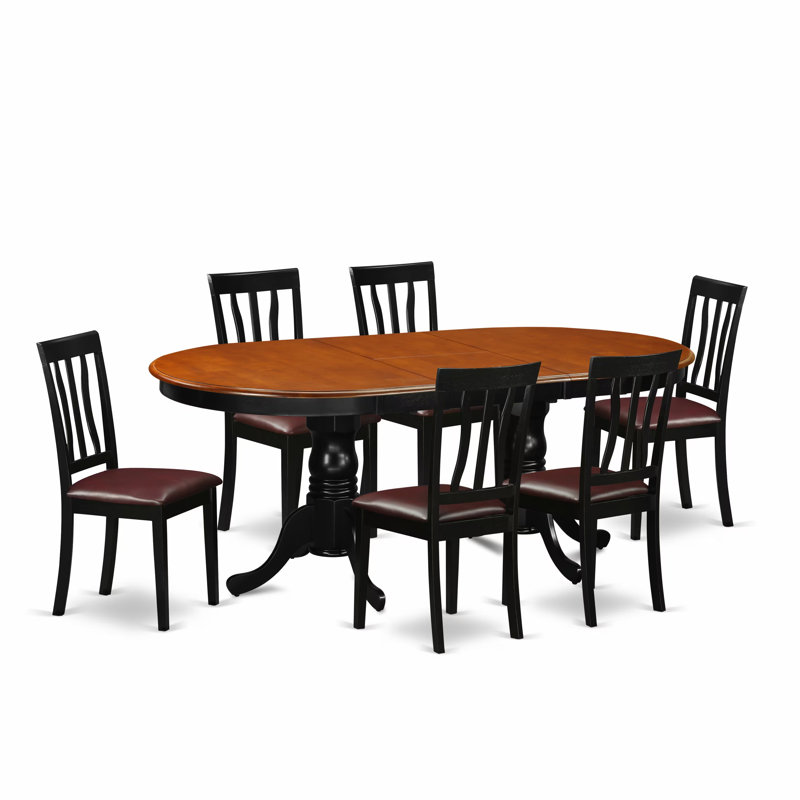 7 Piece Dining Table Set Consist of an Oval Dining Room Table with Butterfly Leaf and 6 Faux Leather Chairs, Black & Cherry