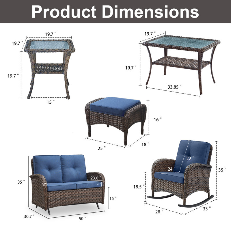 Gaetanino 7-Pieces Outdoor Conversation Set with Gliders and Cushions, Blue