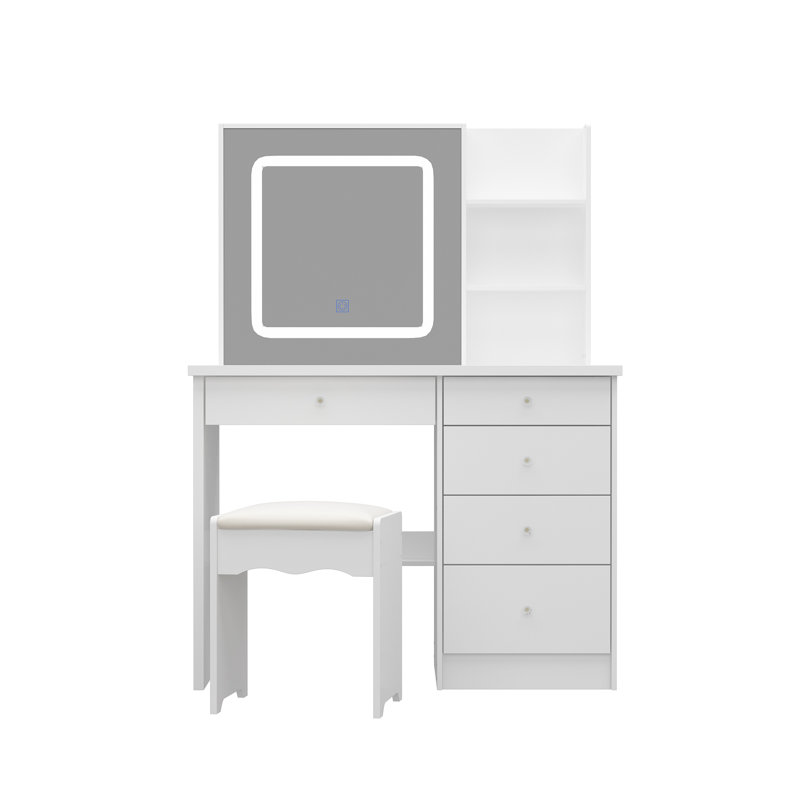 100cm Wide Dressing Table with Sliding 3-Colour LED Mirror & 5 Drawers - Compact Vanity with Stool, White