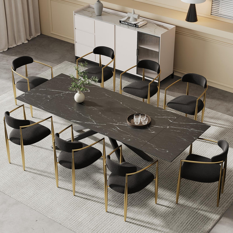 Ensemble de salle à manger rectangulaire avec chaises en tissu 70,8 "à 102,3" Louina, Noir, Noir / or, 9