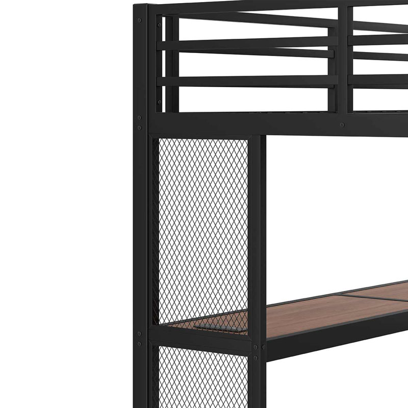 Lit mezzanine en métal avec lumières DEL et ports USB Lit avec filets en fer multifonctionnels et bureau, Lit double