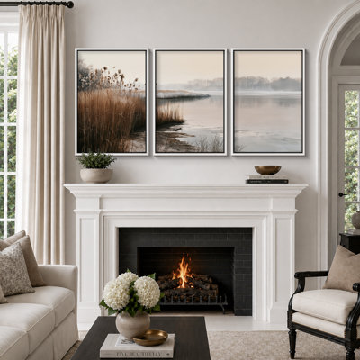 Rustic Countryside " Winter Reeds Lake Landscape Artwork, Living Room Pictures, Framed Canvas Giclee Print 3 Pieces Wall Art - 16"x24"x3pcs, 24"x36"x3pcs " Print