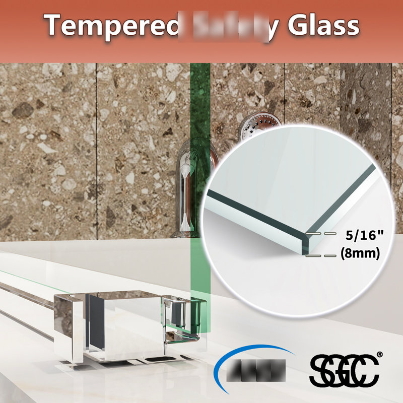 5/16 po  Verre trempé transparent de 8 mm pour porte de baignoire semi-coulissante 56 x l 58 H 56 po, rouille, fixation murale, porte à fonctionnement en douceur avec verre, quincaillerie antirouille, entièrement