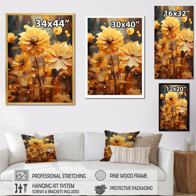 Tournesols dorés transparents sur toile, Cadre flottant noir, 32" H x 16" W