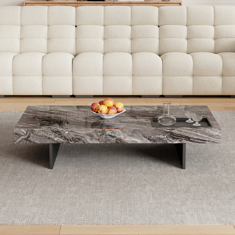 Table basse moderne 51 po, plateau de table en faux marbre brillant, pieds en acier inoxydable, Plateau gris/ base noire