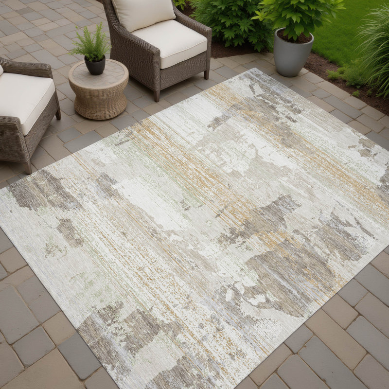 Tapis abstrait lavable à la machine intérieur / extérieur ACN2646, Ivoire ivoire, 9 pi x 12 pi