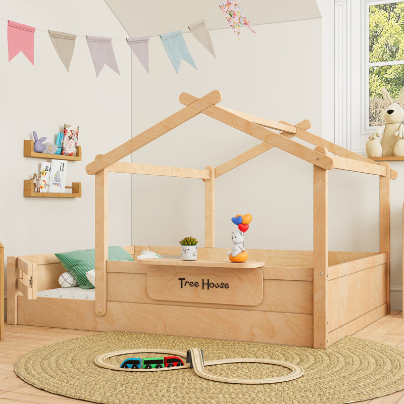 Full Size Floor Bed With Guardrails And Roof, Kids House Floor Bed With A Small Built-In Tray And Free-Installed Signboard, Childlike Design, Natural