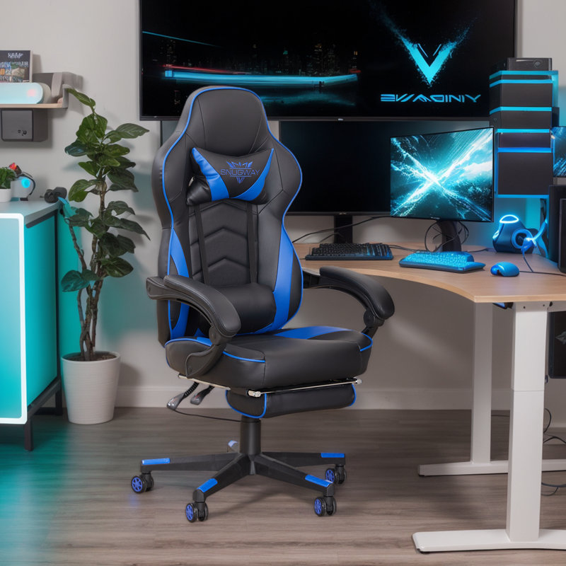 Fauteuil inclinable avec repose-pieds - Fauteuil de jeu vidéo de qualité supérieure pour les jeux prolongés, Bleu et noir